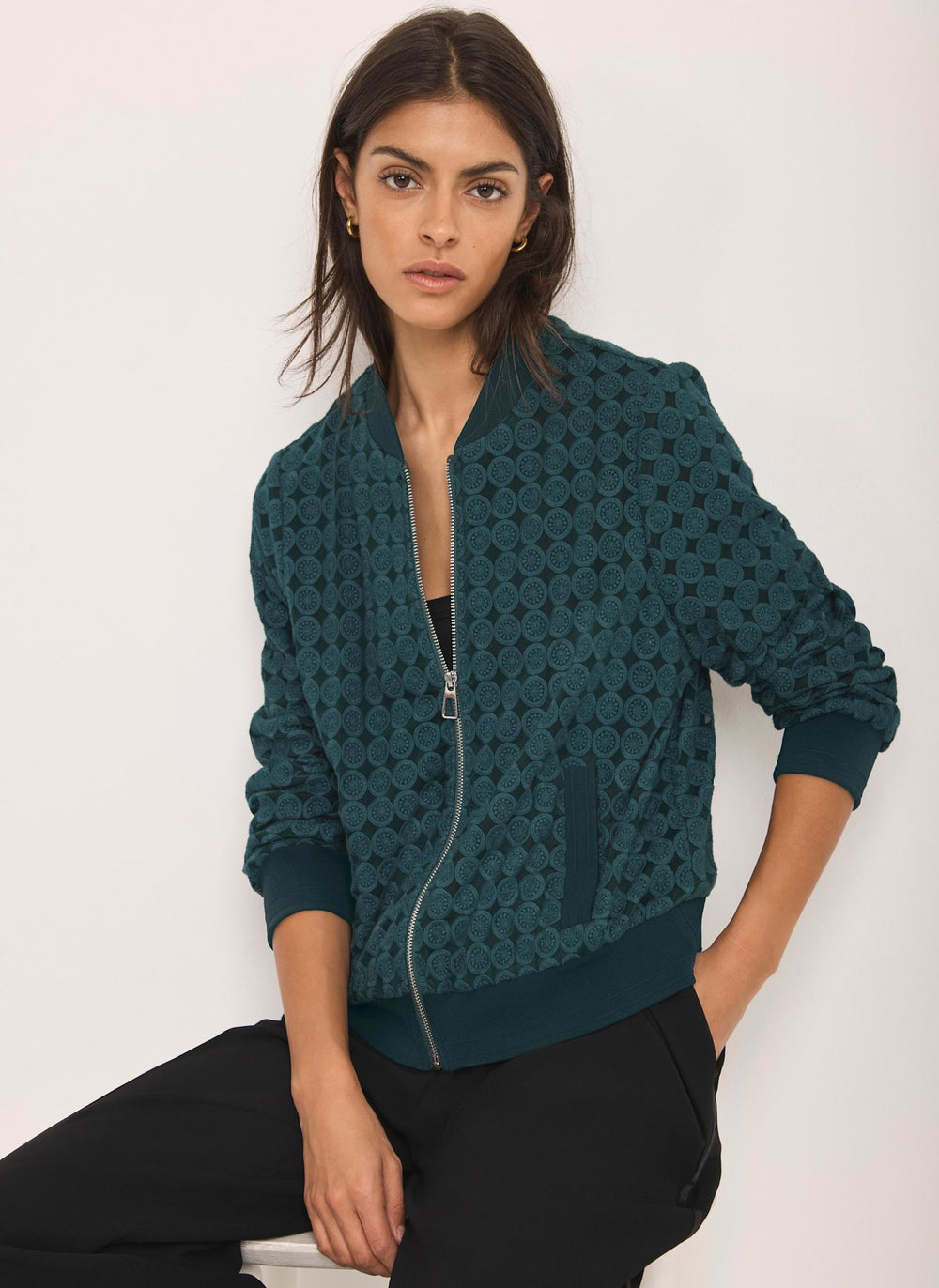 Teal Geometric Lace Bomber Jacket