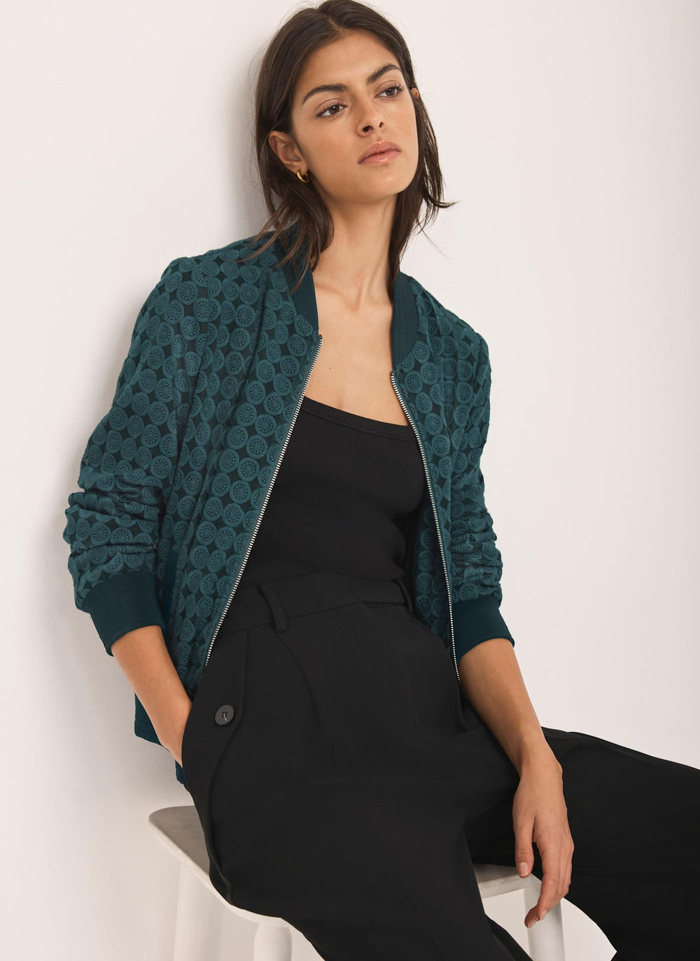 Teal Geometric Lace Bomber Jacket