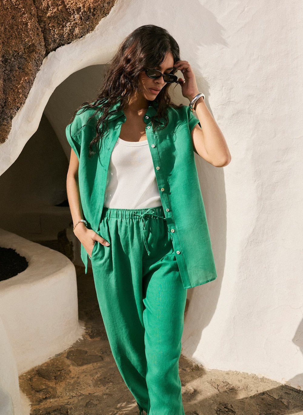 Green Linen Blend Sheer Panel Shirt