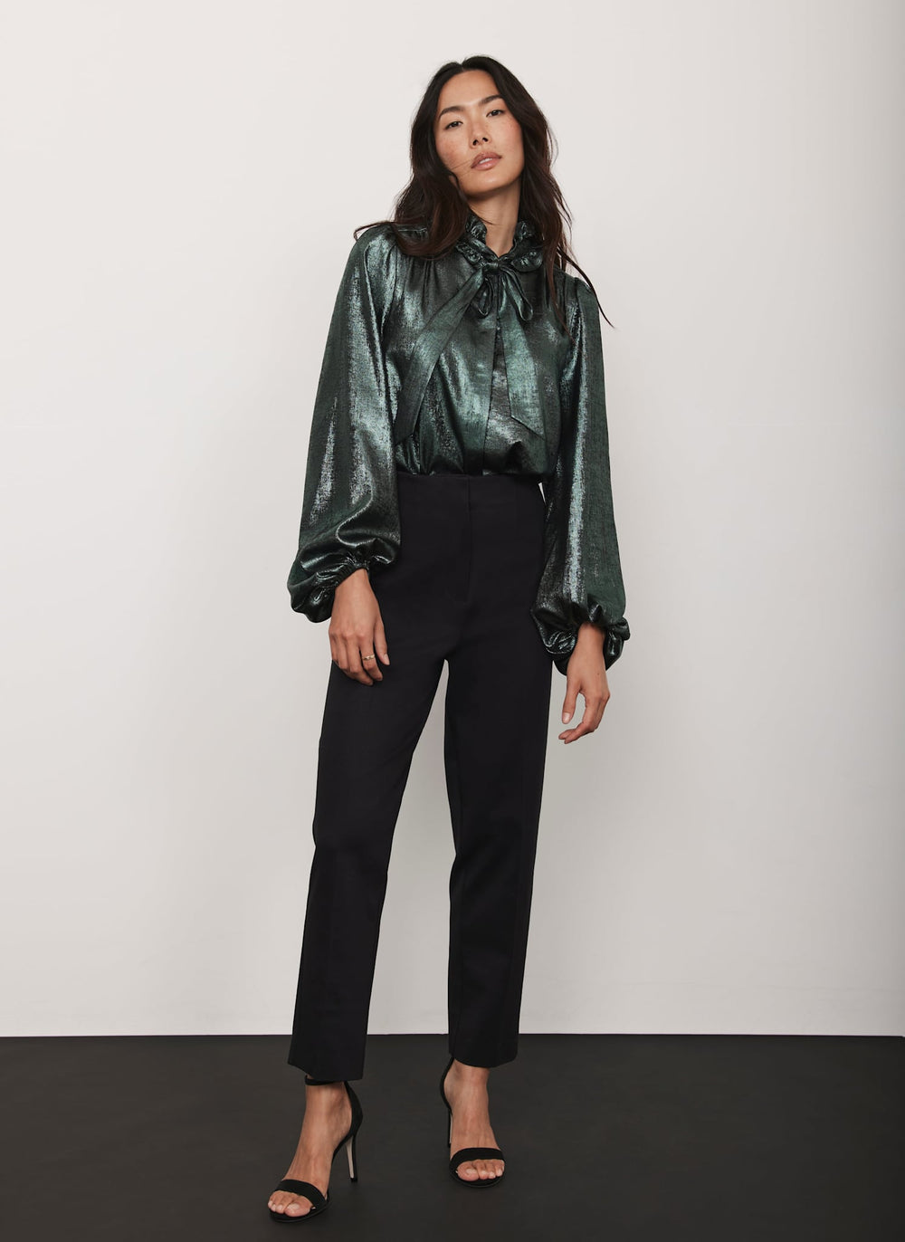 Green Metallic Pussy Bow Blouse