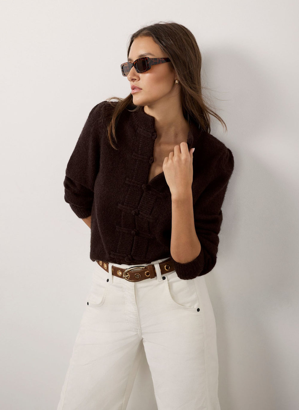 Brown Knot Button Detail Cardigan