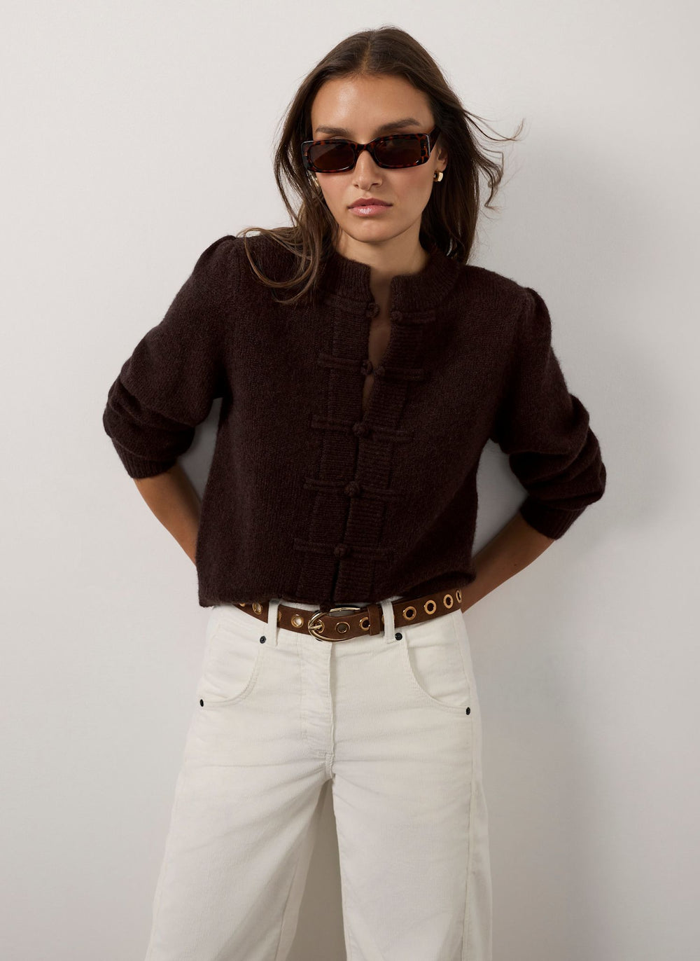 Brown Knot Button Detail Cardigan