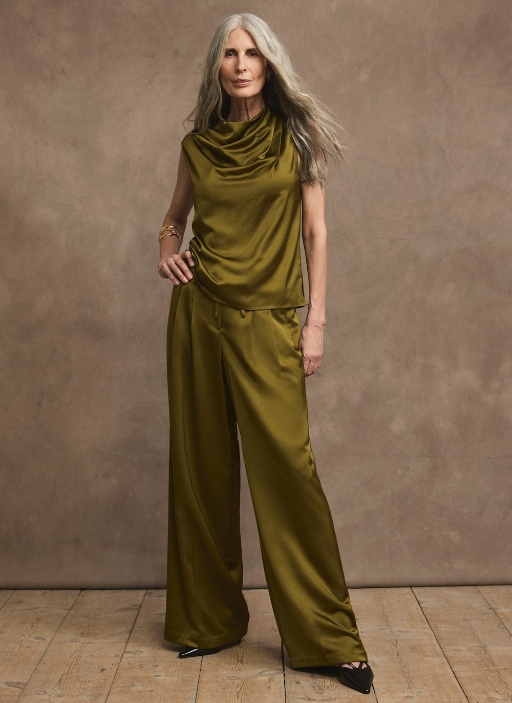 Green Satin Cowl Neck Top