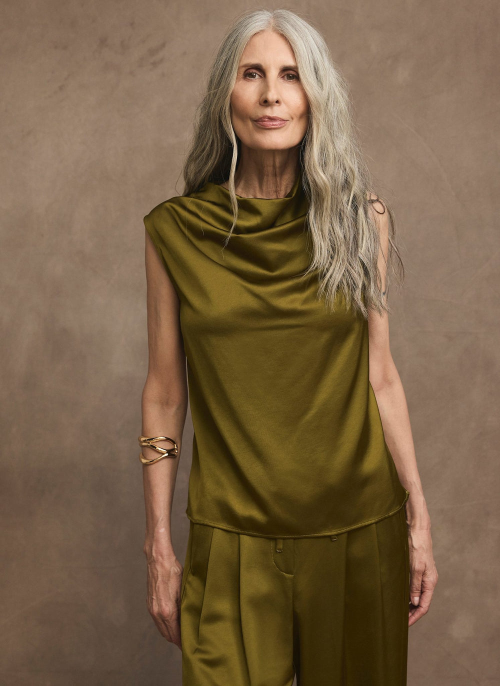 Green Satin Cowl Neck Top