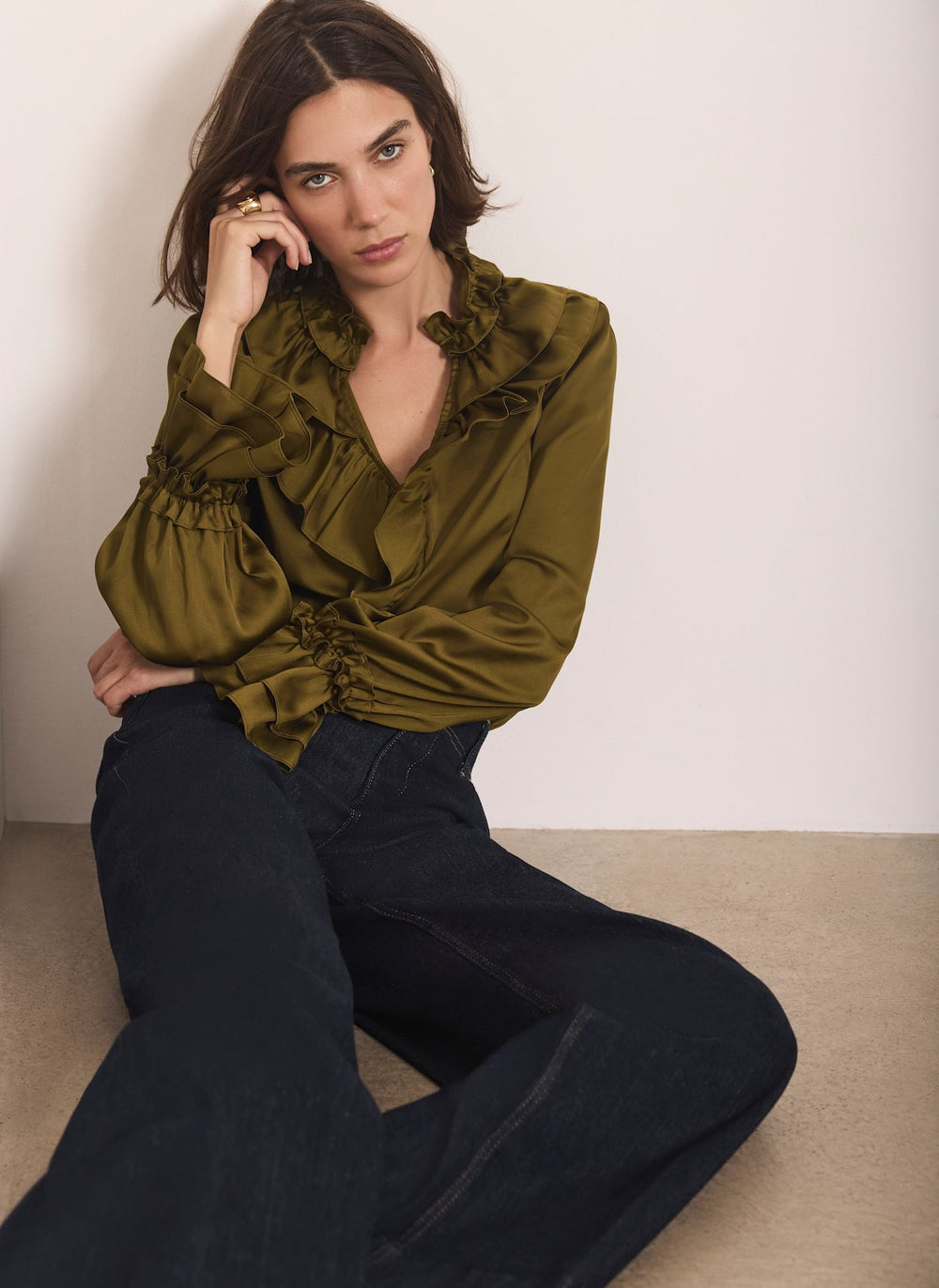 Olive Green Satin Ruffle Blouse