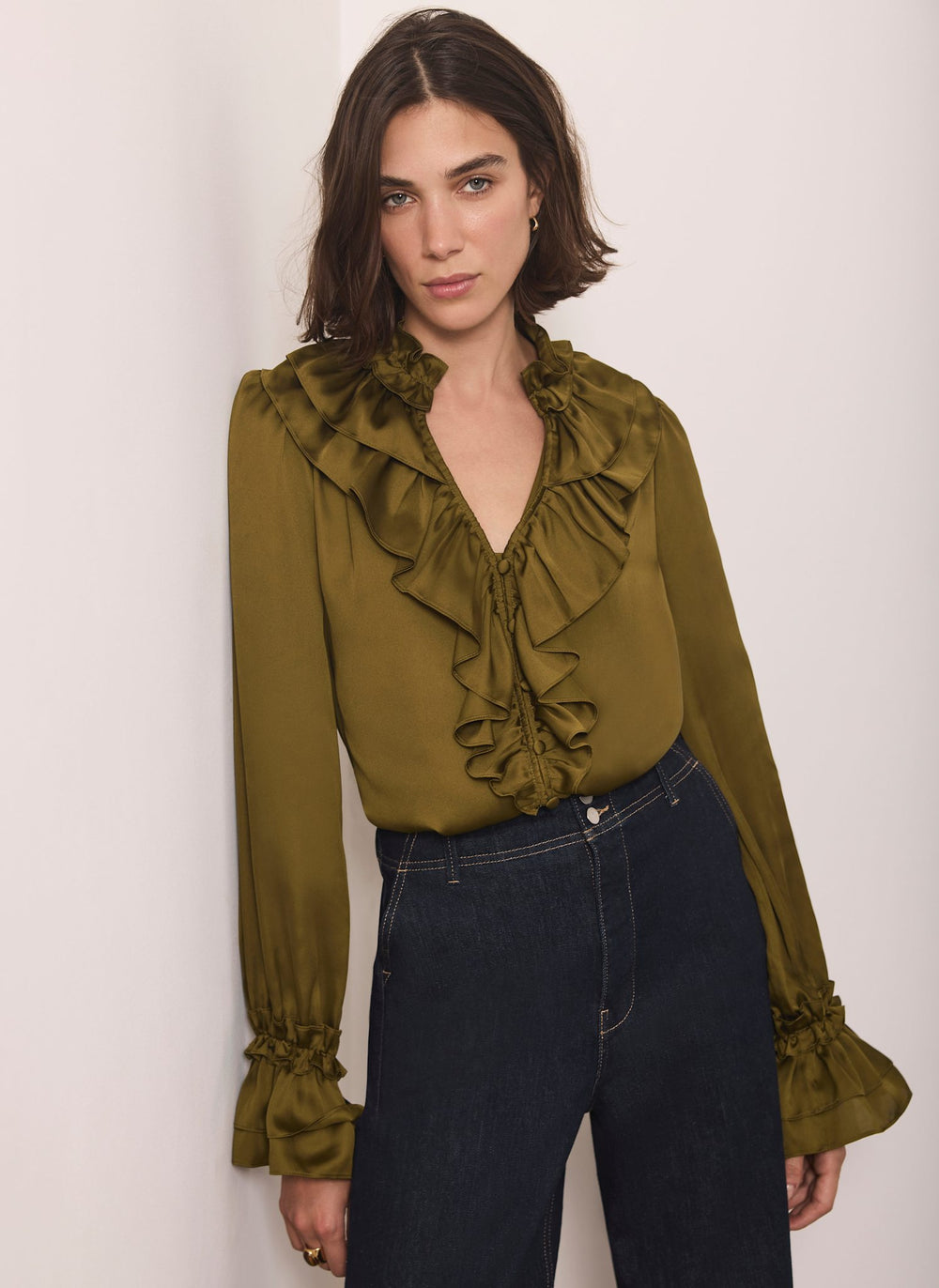 Olive Green Satin Ruffle Blouse