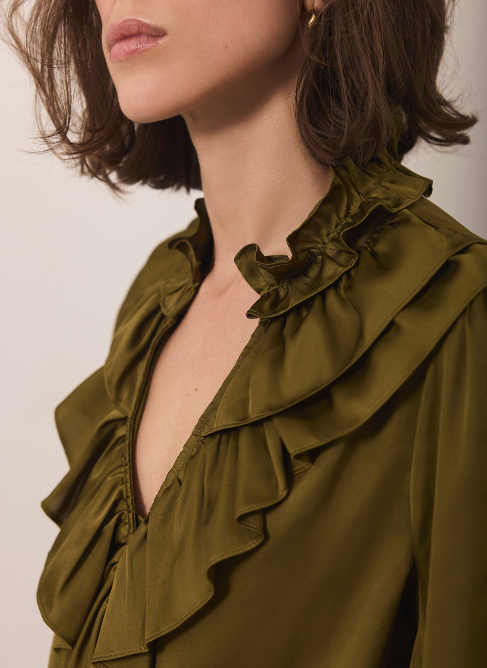 Olive Green Satin Ruffle Blouse