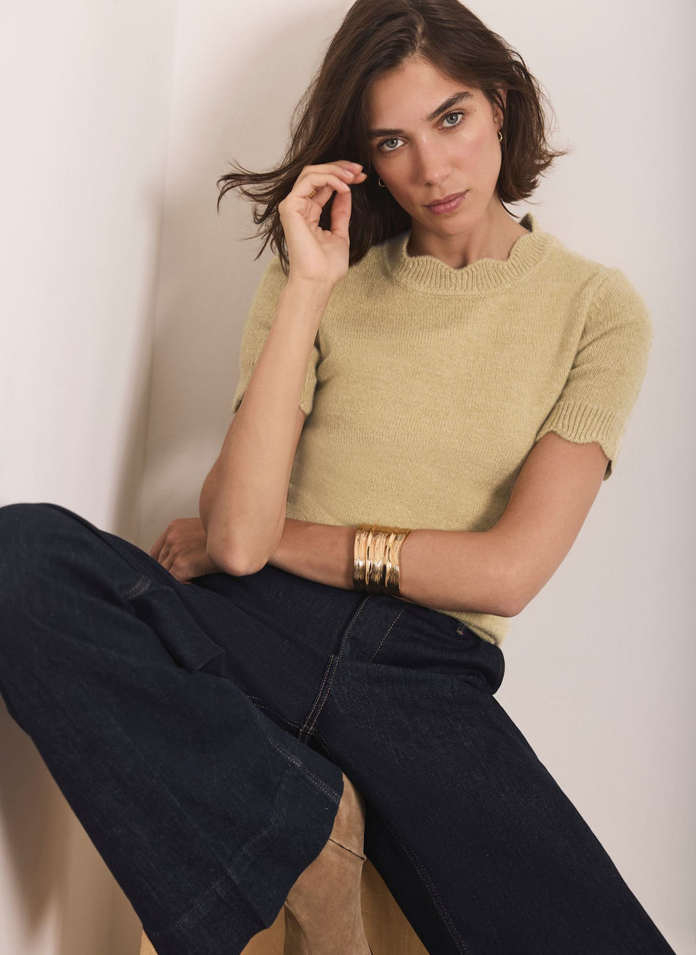 Green Scallop Trim Knit Top