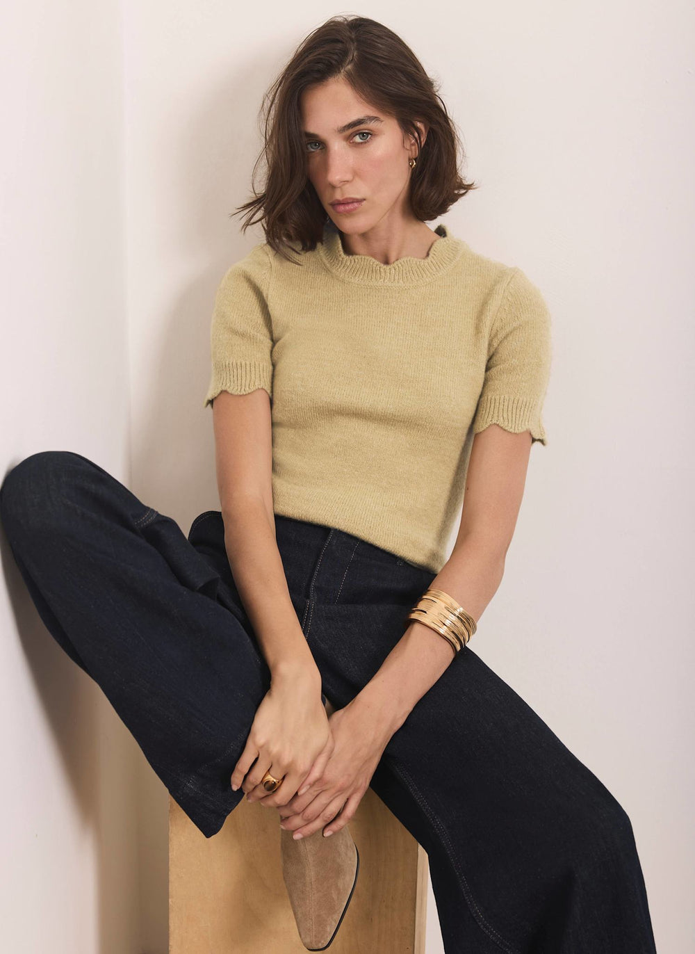 Green Scallop Trim Knit Top