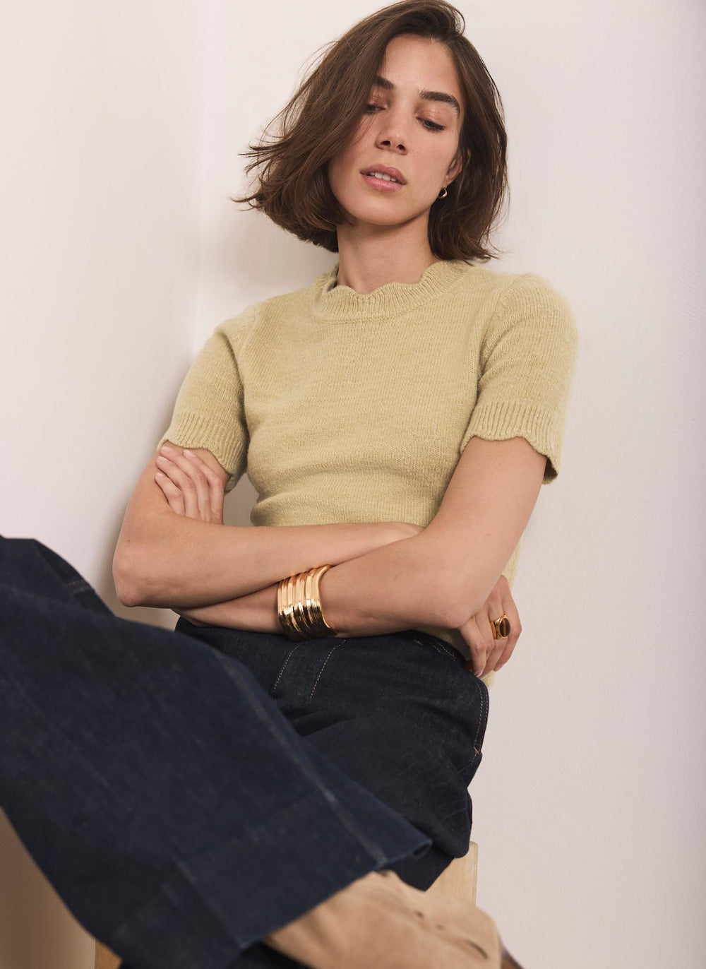 Green Scallop Trim Knit Top