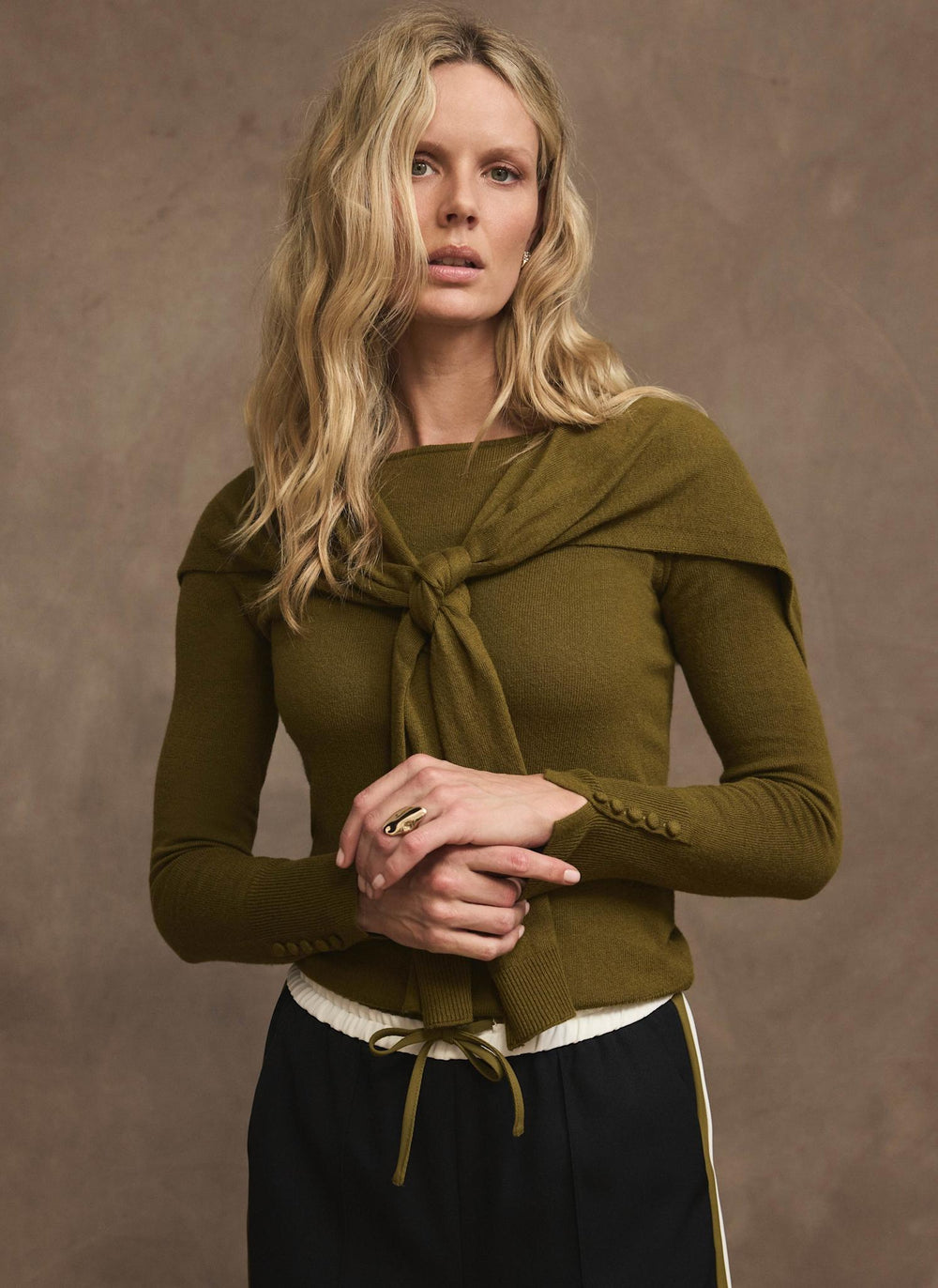 Green Cotton Blend Scarf Knit Jumper