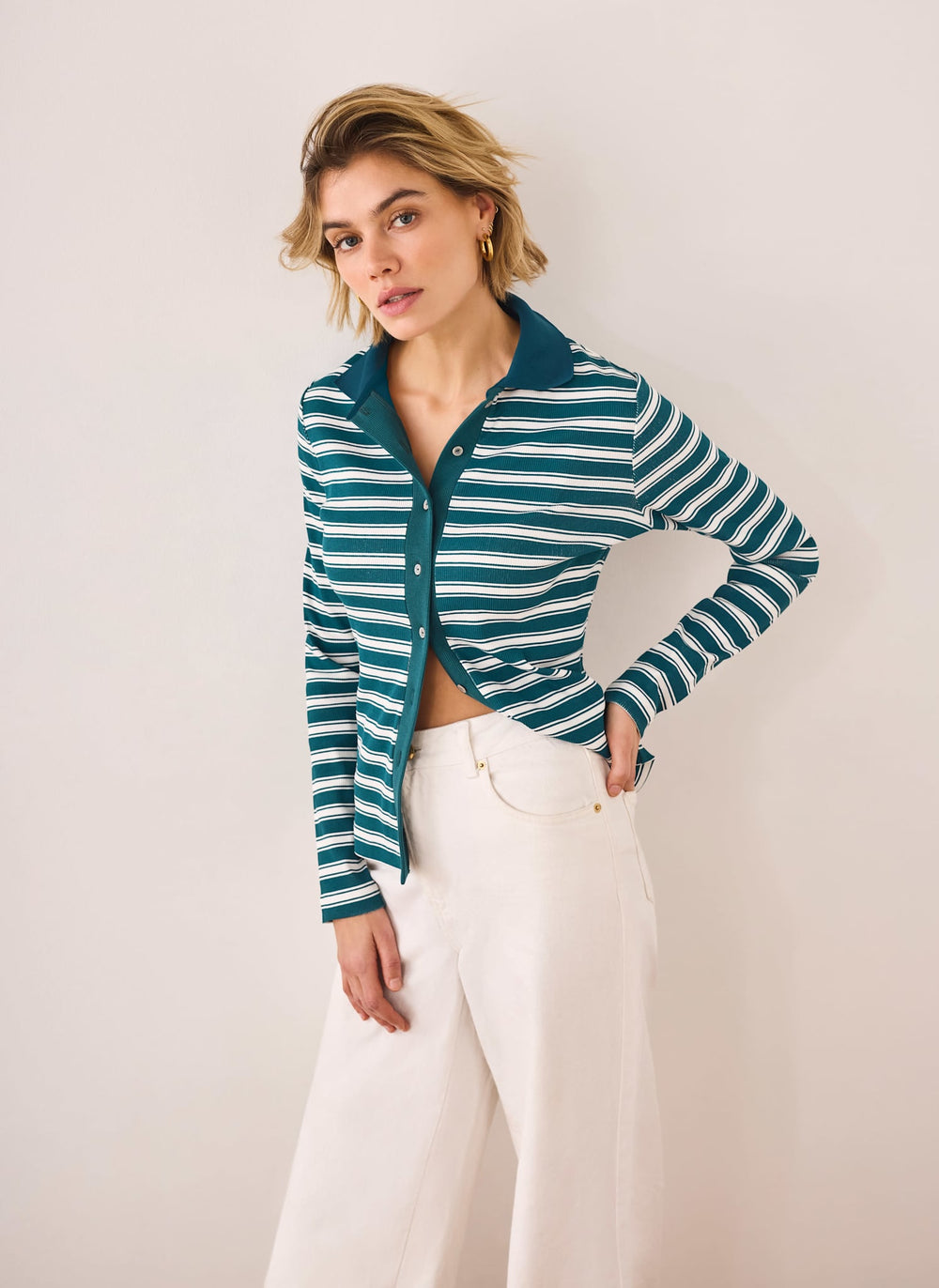 Teal Cotton Blend Striped Polo Shirt