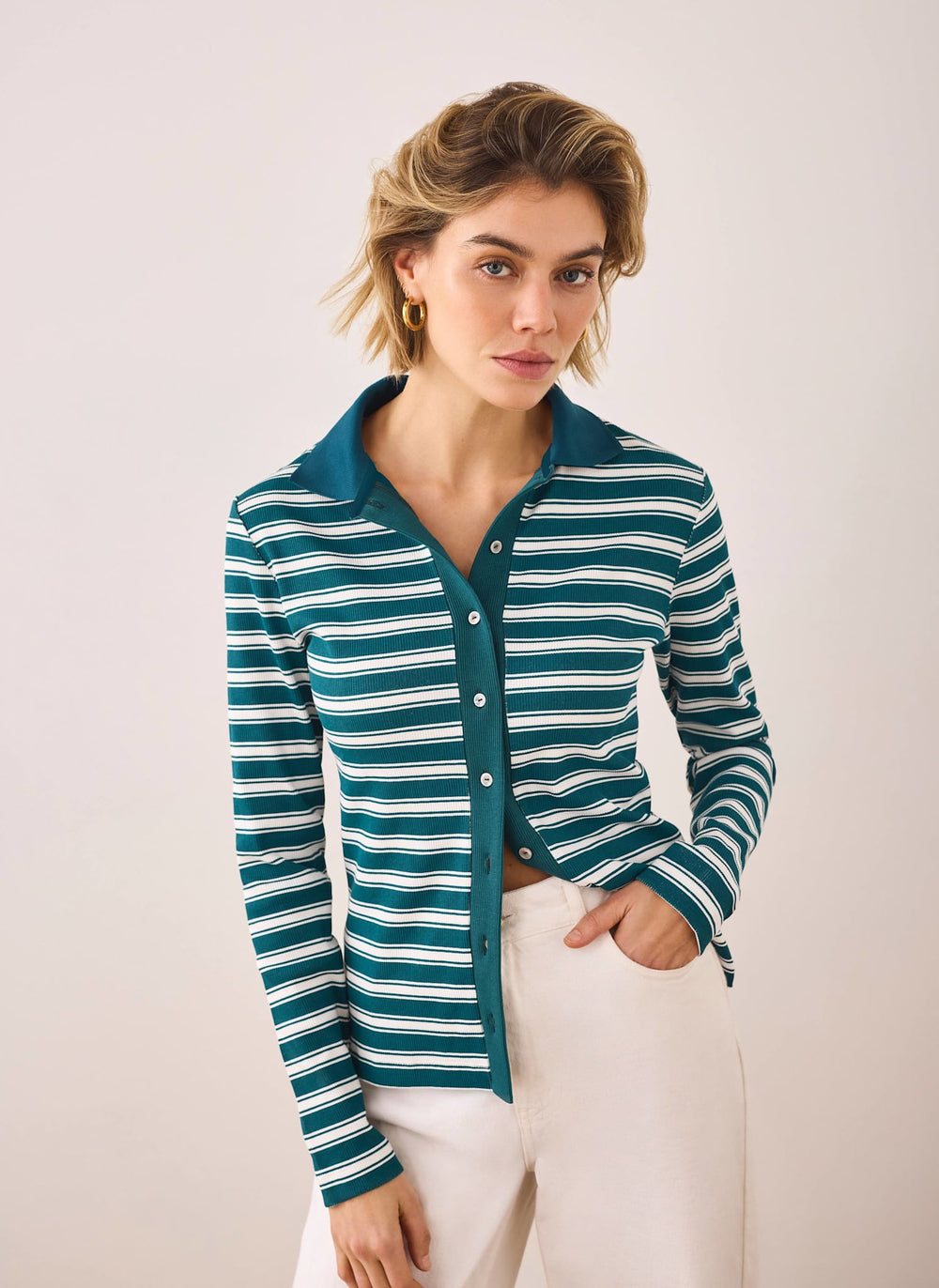 Teal Cotton Blend Striped Polo Shirt