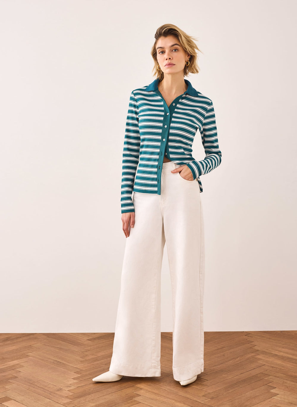 Teal Cotton Blend Striped Polo Shirt