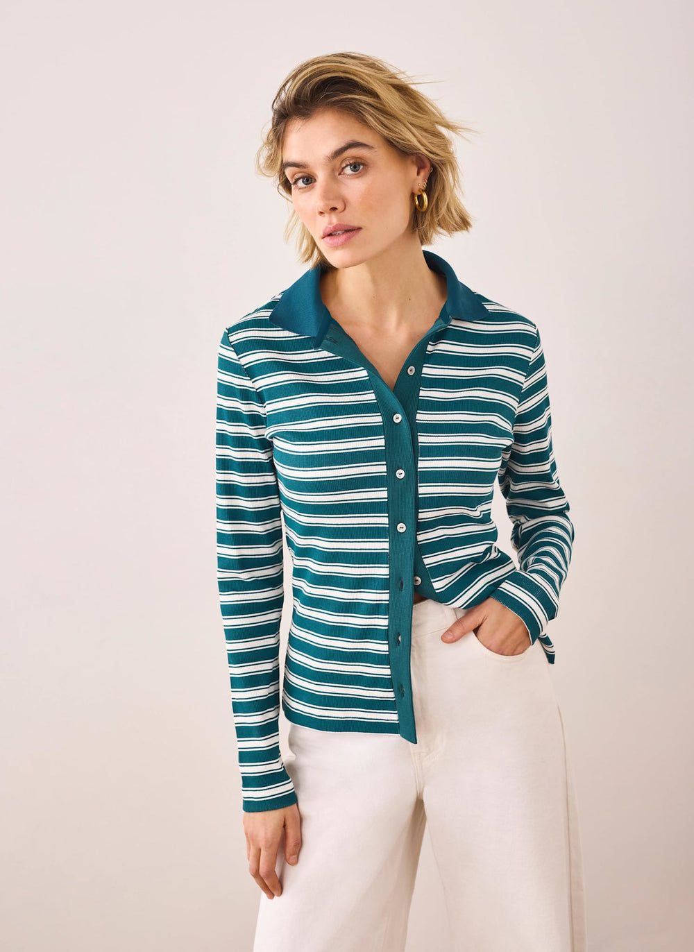 Teal Cotton Blend Striped Polo Shirt