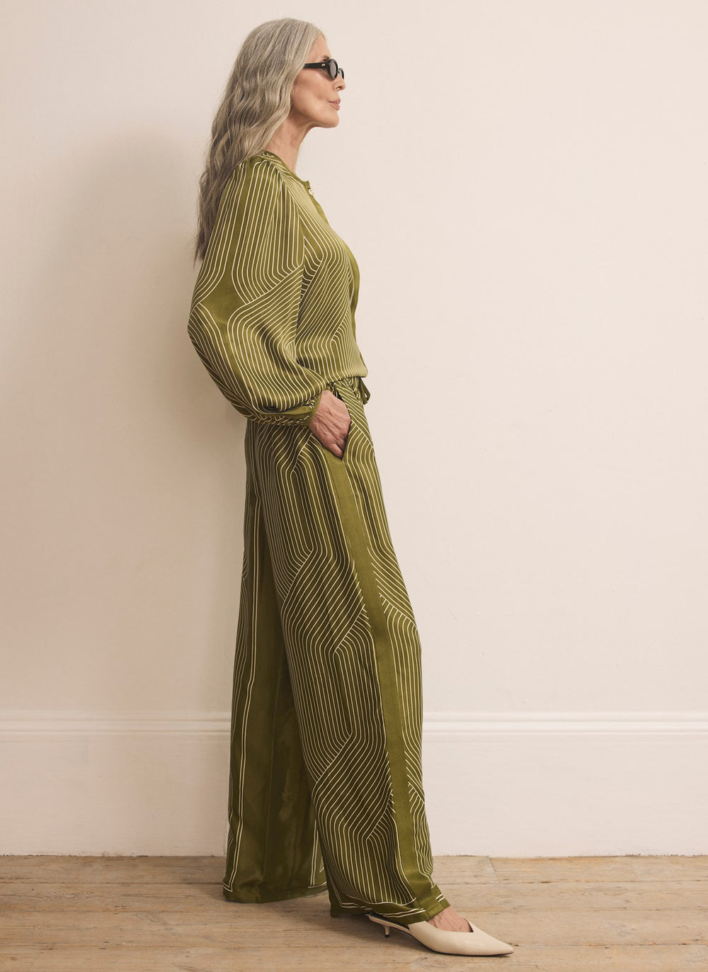 Olive Green Satin Printed Wide Trousers