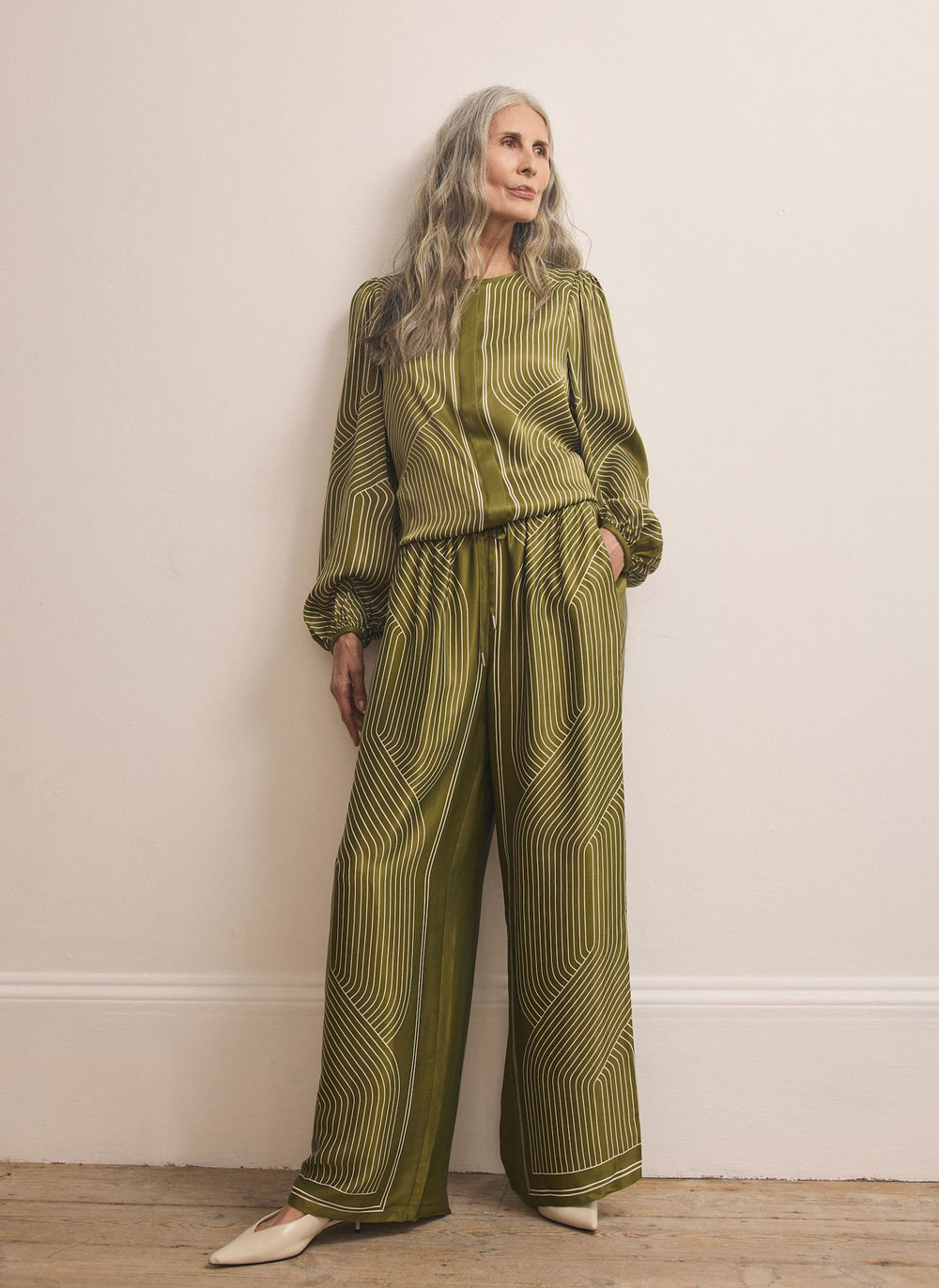 Olive Green Satin Printed Wide Trousers