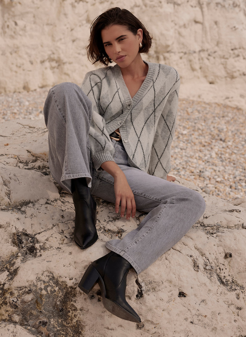 Grey Argyle Print Cardigan