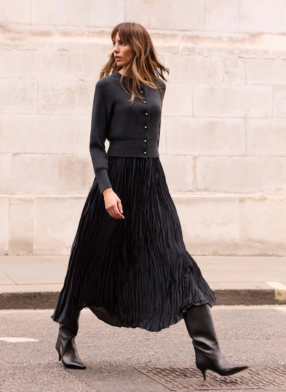 Grey Cardigan Layered Midi Dress