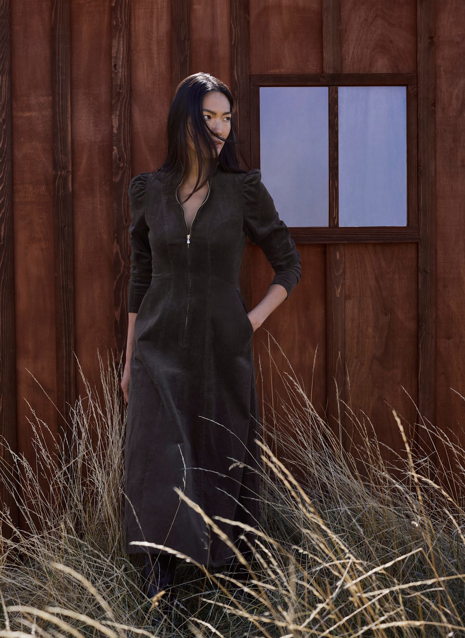 Dark Grey Corduroy Stand Collar Midi Dress – Mint Velvet