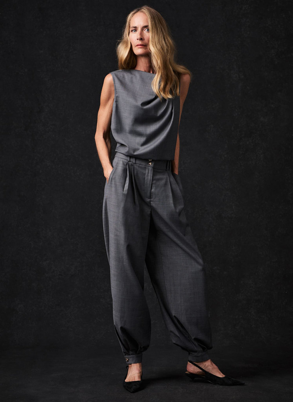 Grey Wool Blend Cowl Neck Top