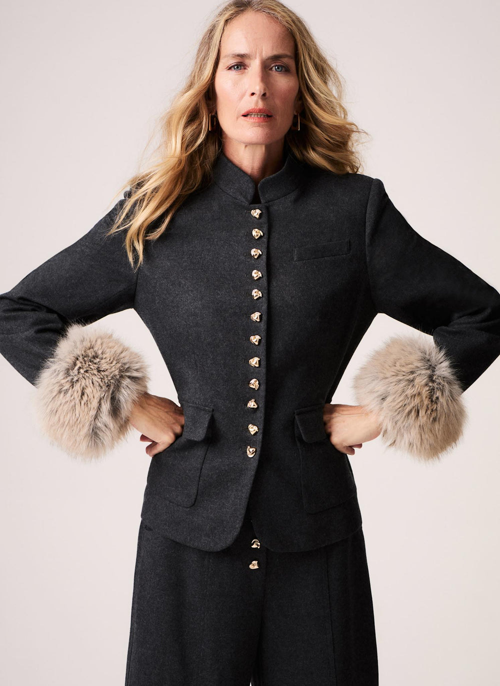 Grey Faux Fur Trim Sculpted Jacket