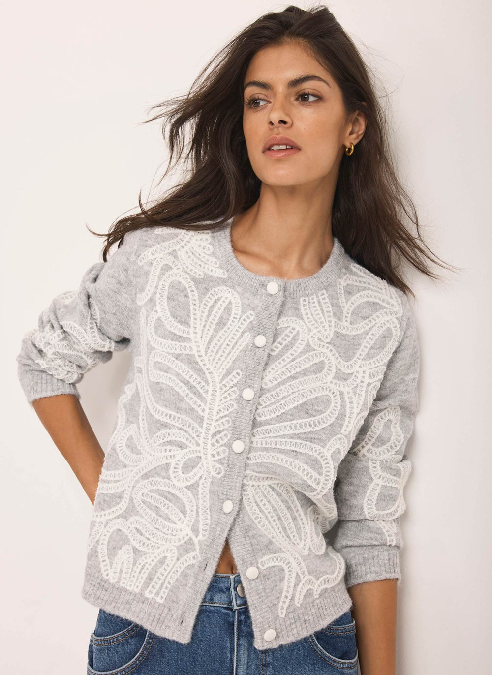 Grey Embroidered Knit Cardigan