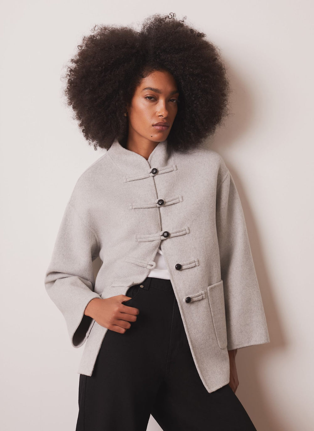 Grey Wool Blend Toggle Detail Coat