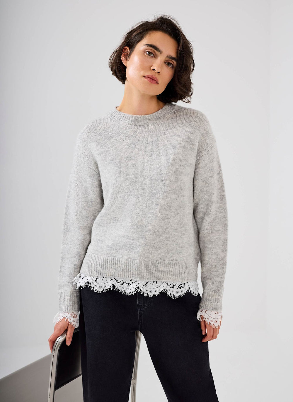 Grey Lace Detail Wool Blend Jumper