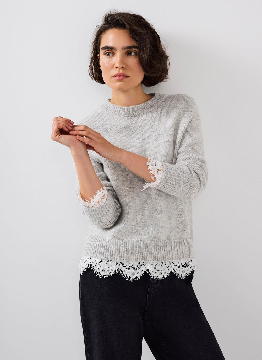 Grey Lace Detail Wool Blend Jumper