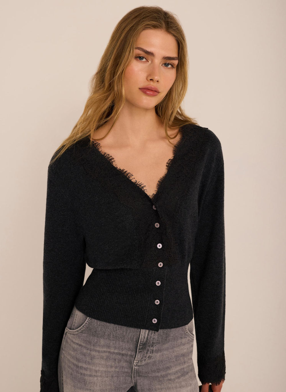 Grey Lace Trim Cardigan