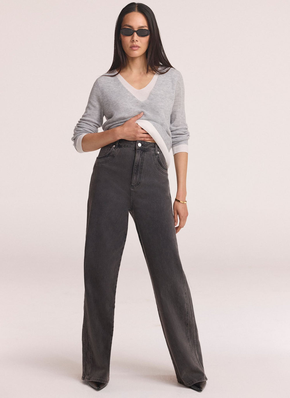 Grey Seam Detail Wide Jeans