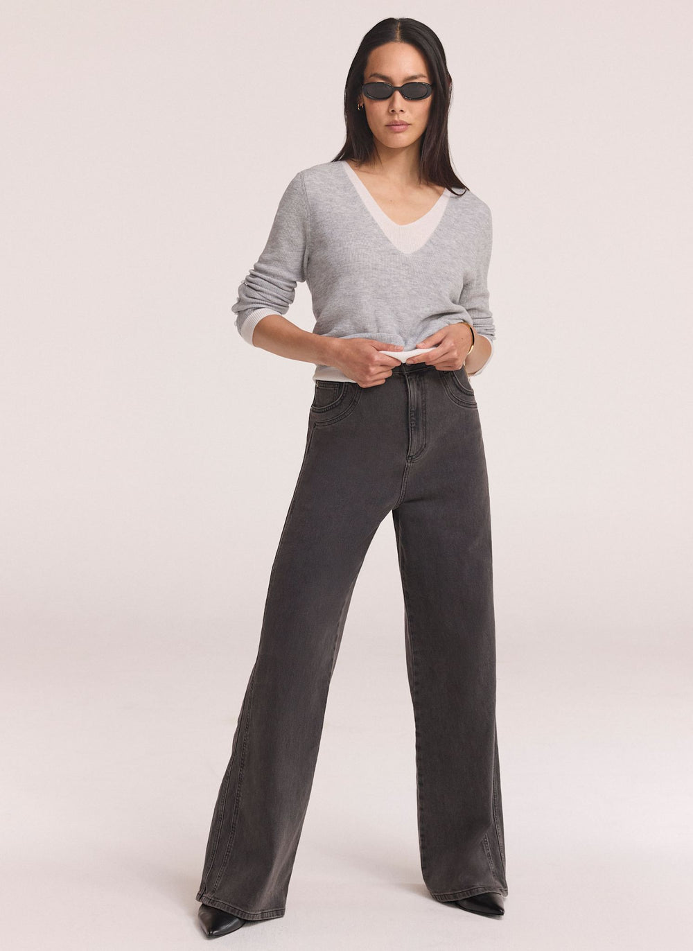 Grey Seam Detail Wide Jeans