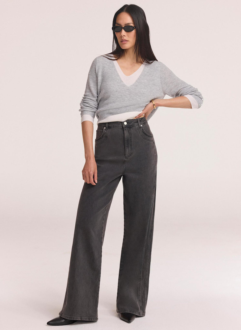Grey Seam Detail Wide Jeans