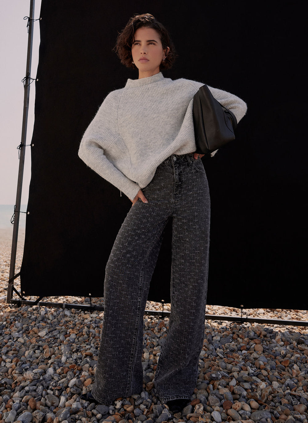 Grey Textured Diamante Wide Jeans