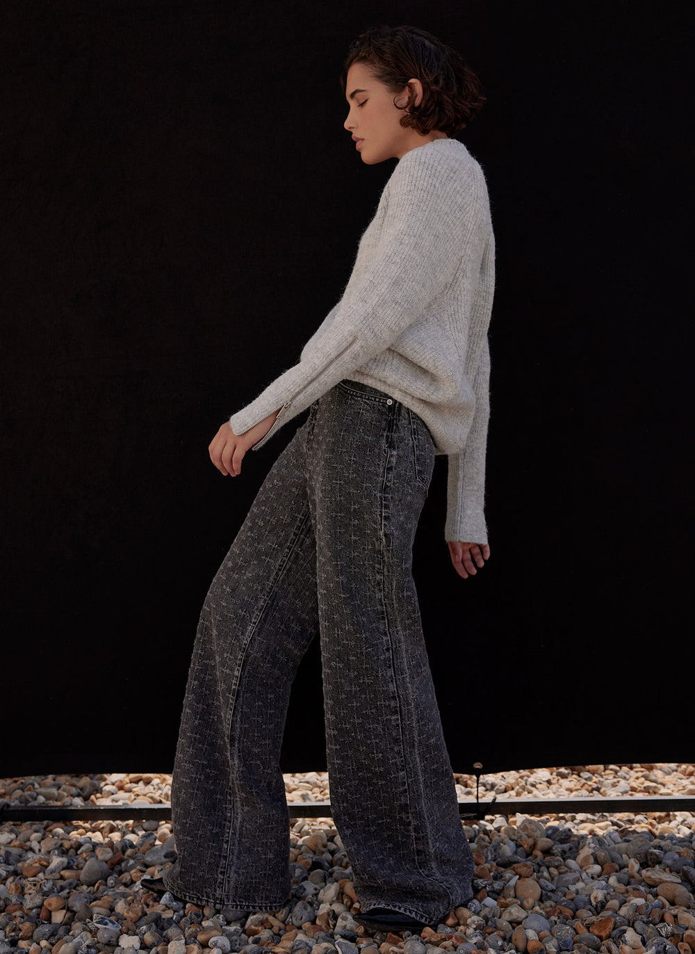 Grey Textured Diamante Wide Jeans