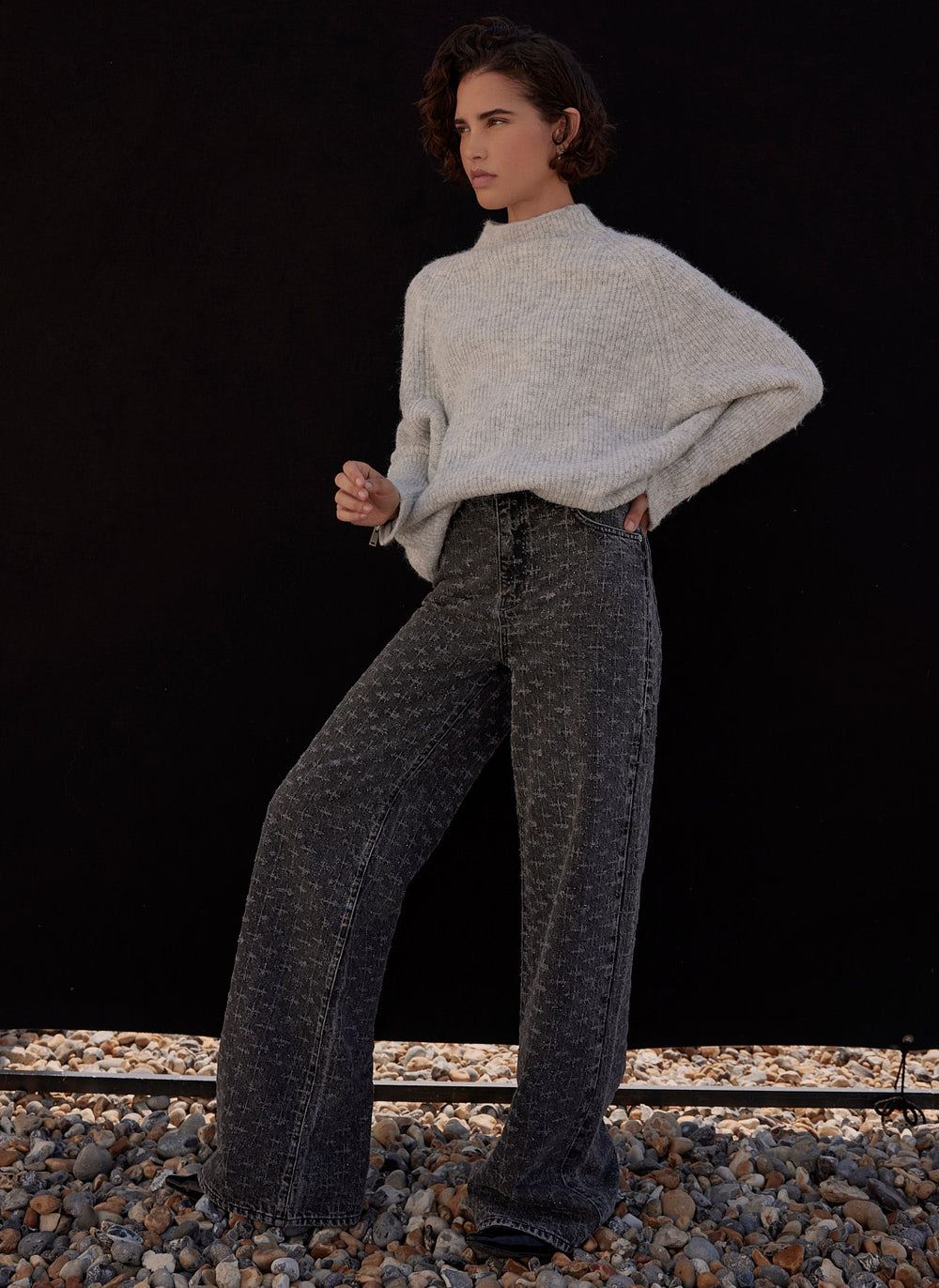 Grey Textured Diamante Wide Jeans