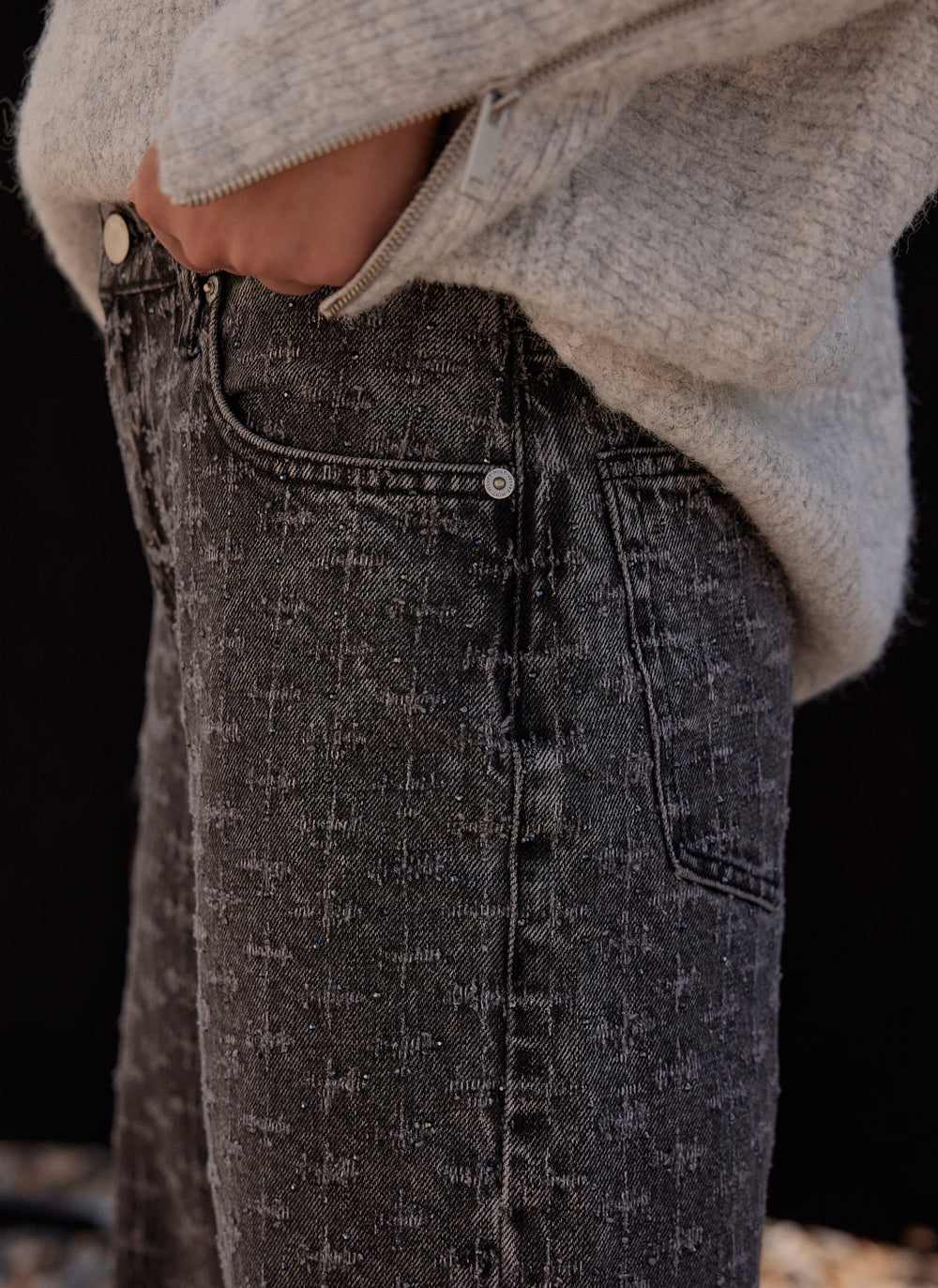 Grey Textured Diamante Wide Jeans