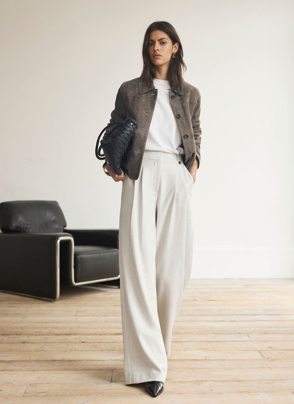 Grey Pleated Tailored Wide Trousers