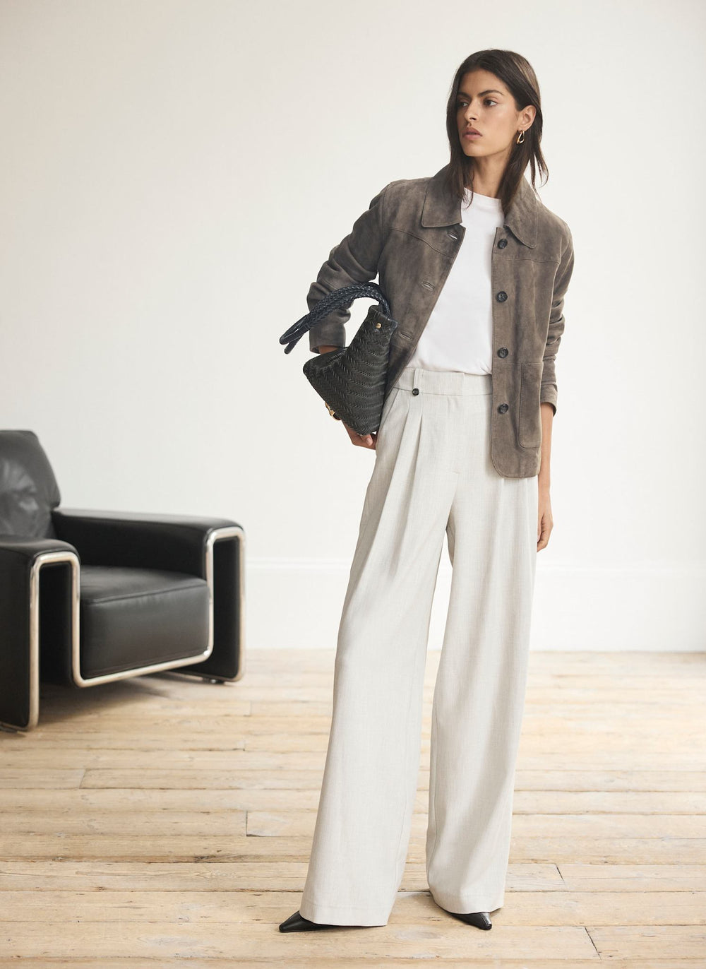 Grey Pleated Tailored Wide Trousers