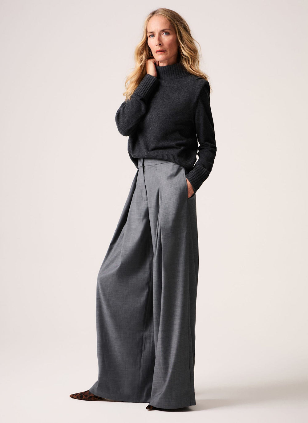 Grey Wool Blend Tailored Wide Trousers