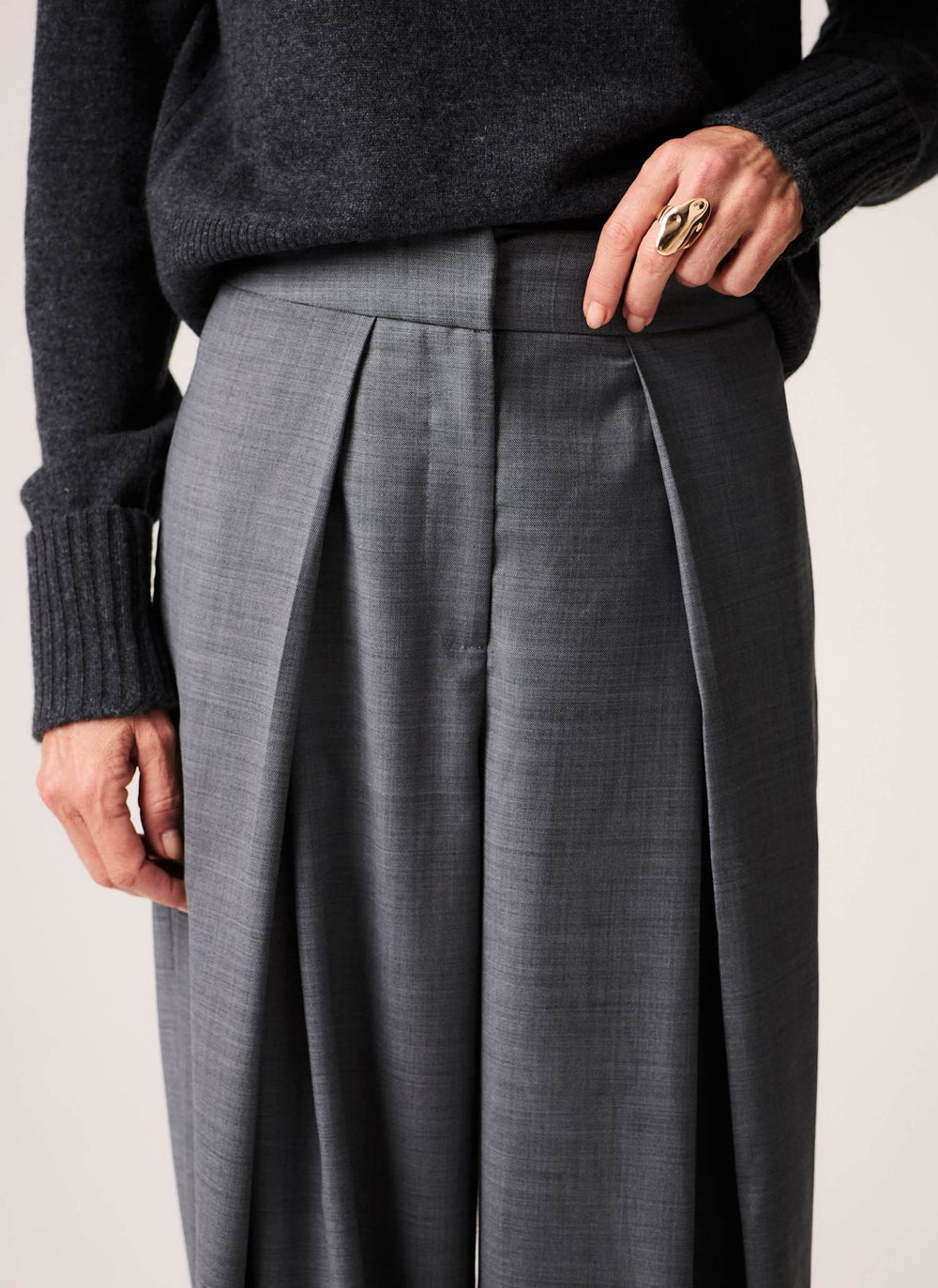 Grey Wool Blend Tailored Wide Trousers