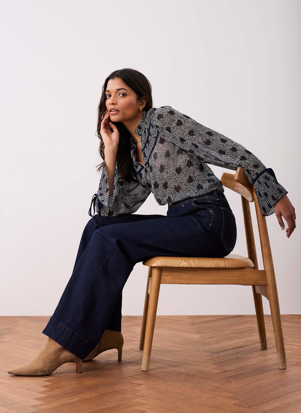 Navy Heart Print Chiffon Blouse