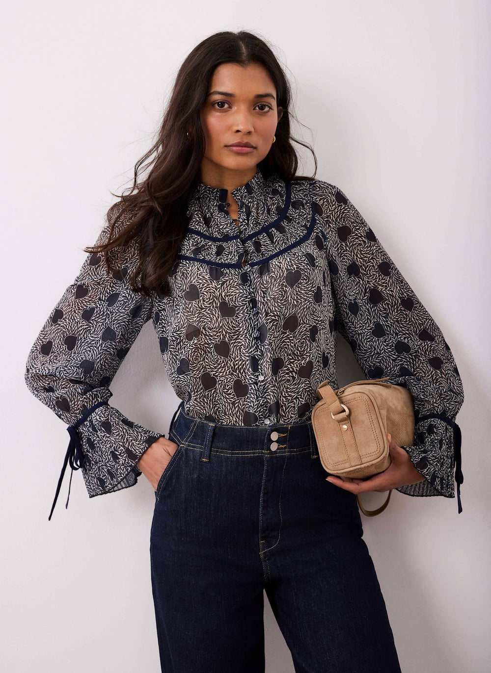 Navy Heart Print Chiffon Blouse