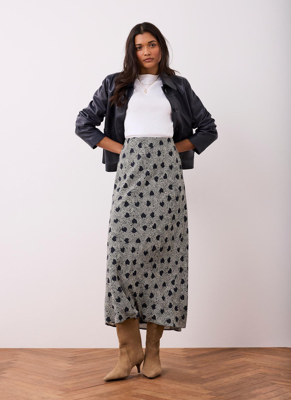 Navy Heart Print Maxi Skirt