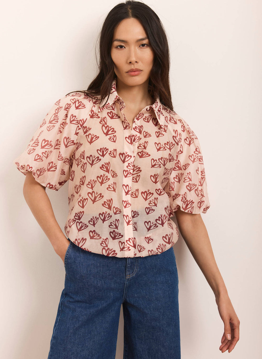 Pink Heart Print Puff Sleeve Shirt