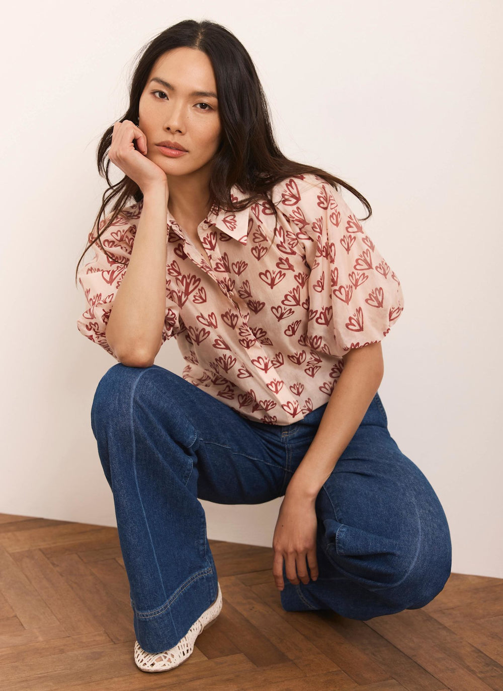 Pink Heart Print Puff Sleeve Shirt