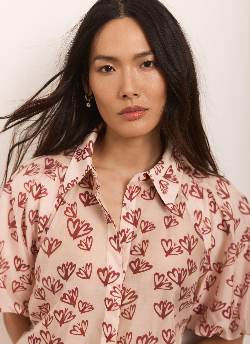 Pink Heart Print Puff Sleeve Shirt