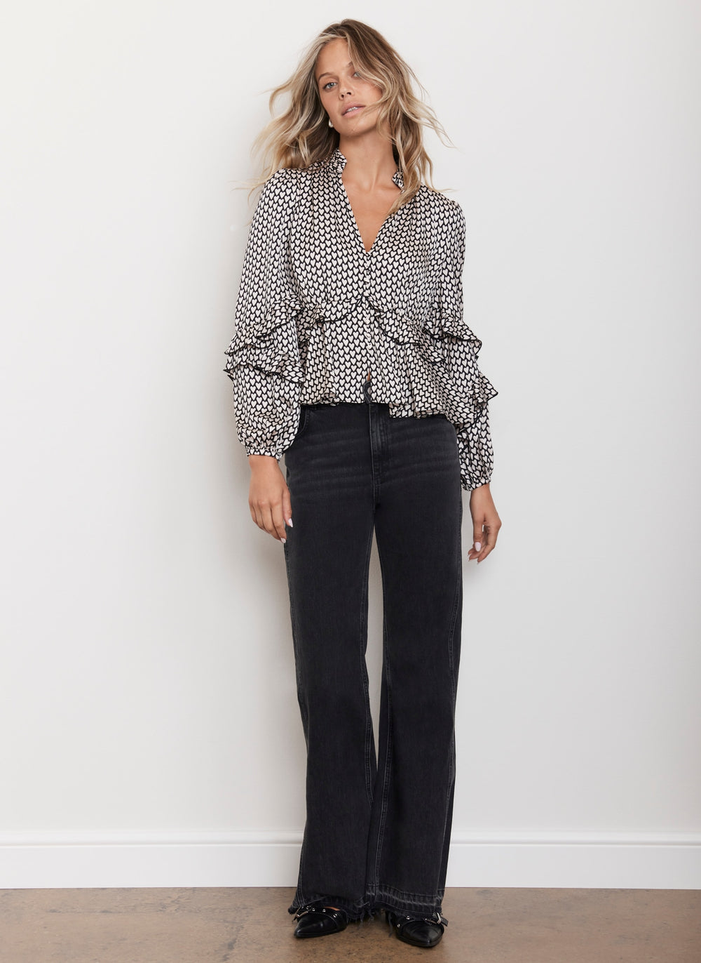 Black Heart Print Ruffle Top