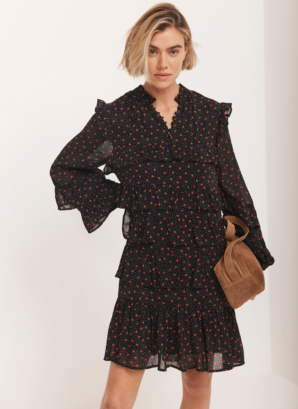 Black Heart Print Tiered Mini Dress